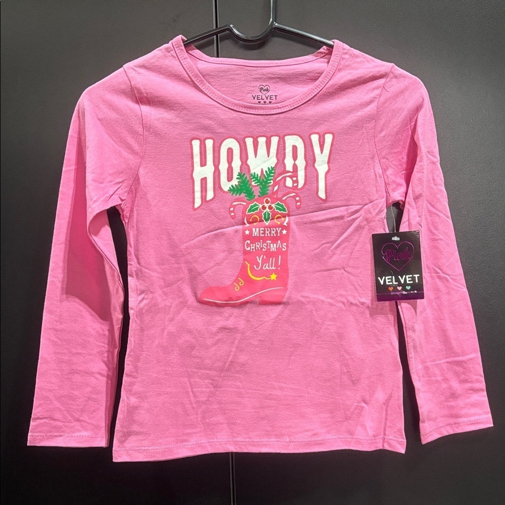 Pink Velvet Howdy Merry Christmas Y’All,cowboy boot,candy cane,holly,horseshoes